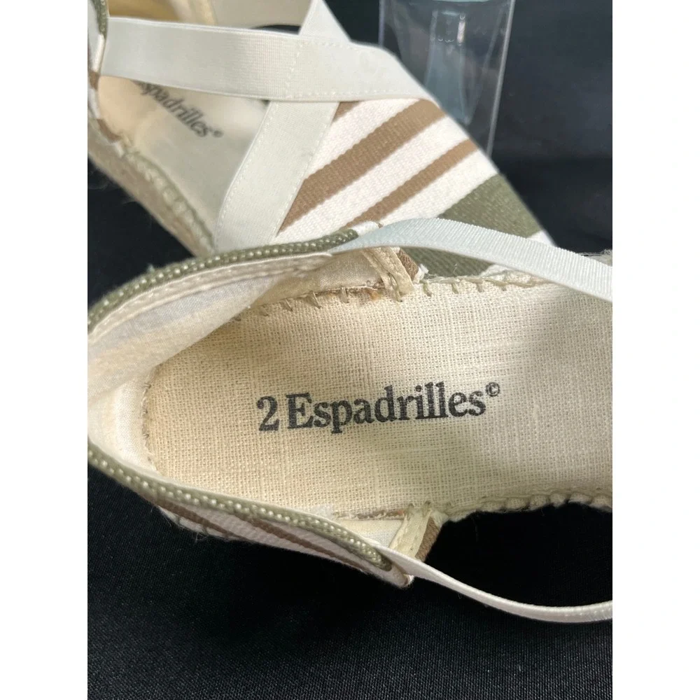 2Espadrilles‎ Women Striped Canvas Elastic Strap Espadrille Flats Olive Tan 39